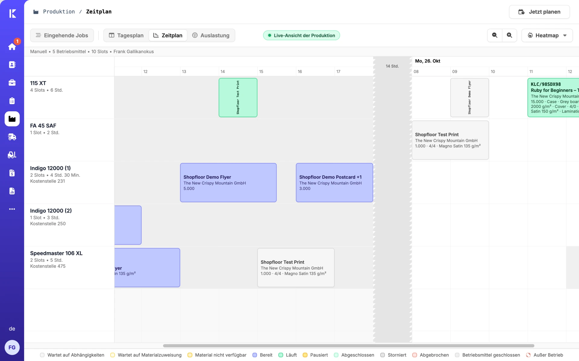 Zeitplan mit Aufträgen auf Maschinen und den zugehörigen Arbeitsschritten.